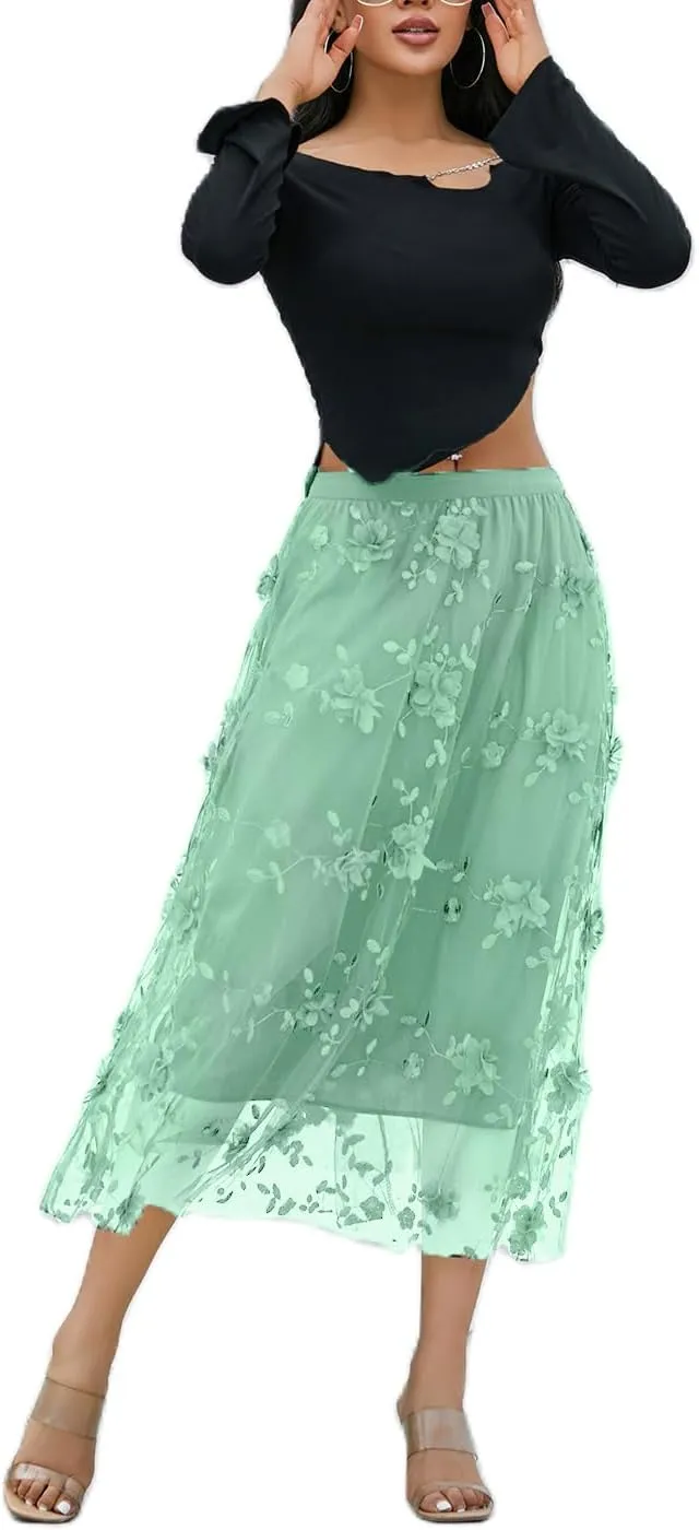 Women's Tutu Tulle Skirt Elastic High Waist Layered Midi Skirt Floral Lace Embroidery Mesh A-Line Skirt