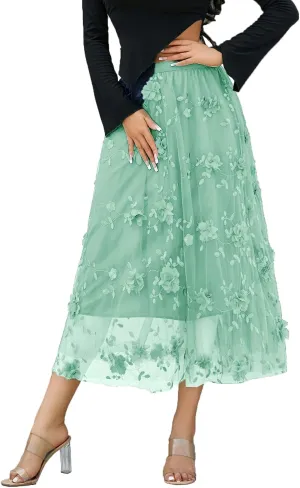 Women's Tutu Tulle Skirt Elastic High Waist Layered Midi Skirt Floral Lace Embroidery Mesh A-Line Skirt