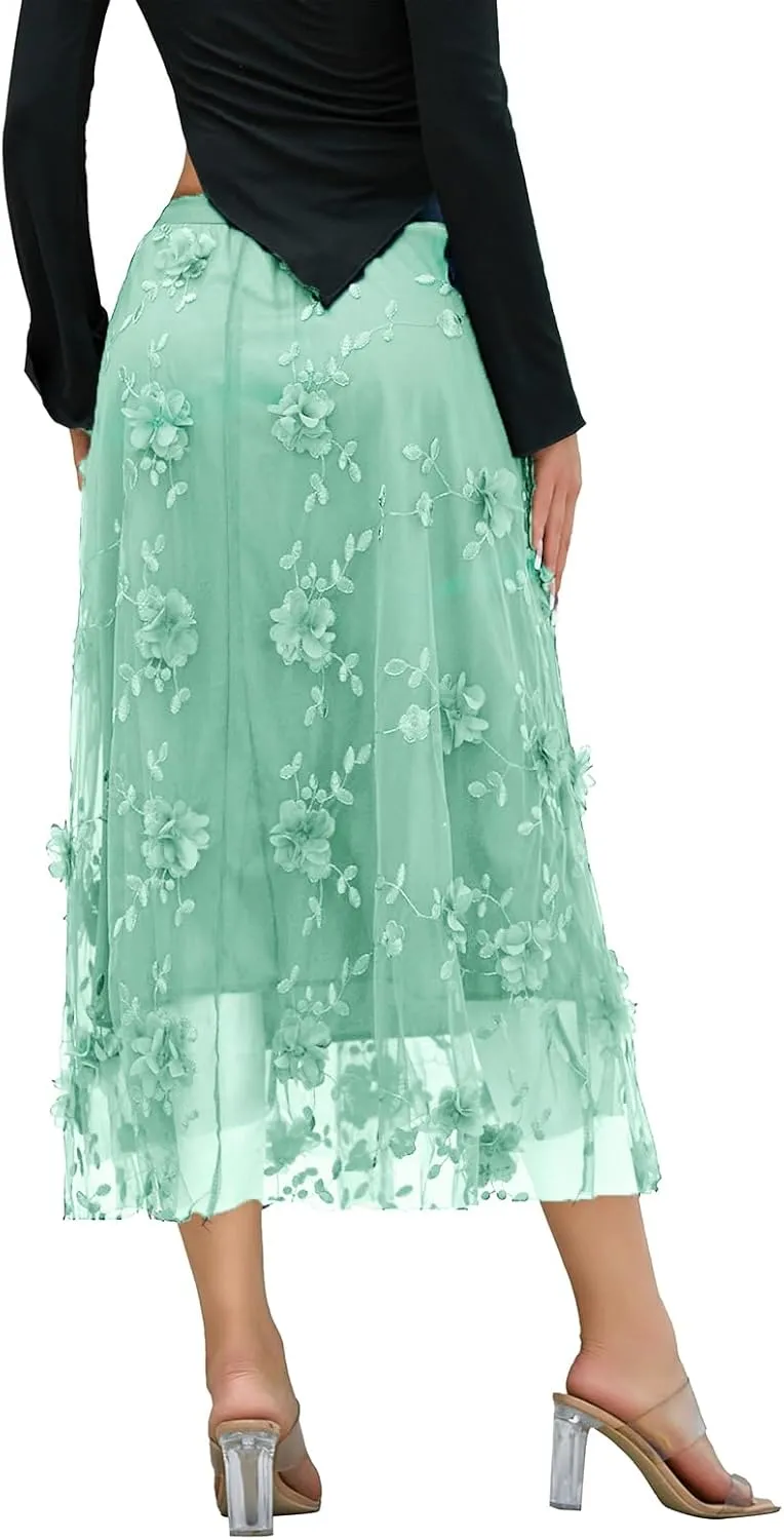Women's Tutu Tulle Skirt Elastic High Waist Layered Midi Skirt Floral Lace Embroidery Mesh A-Line Skirt