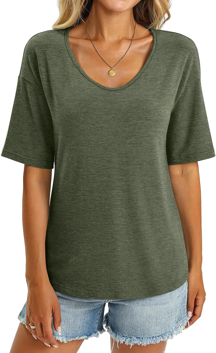 Women's V Neck Tops Elbow Length Shirts Loose Fit Summer Tops Basic Tees