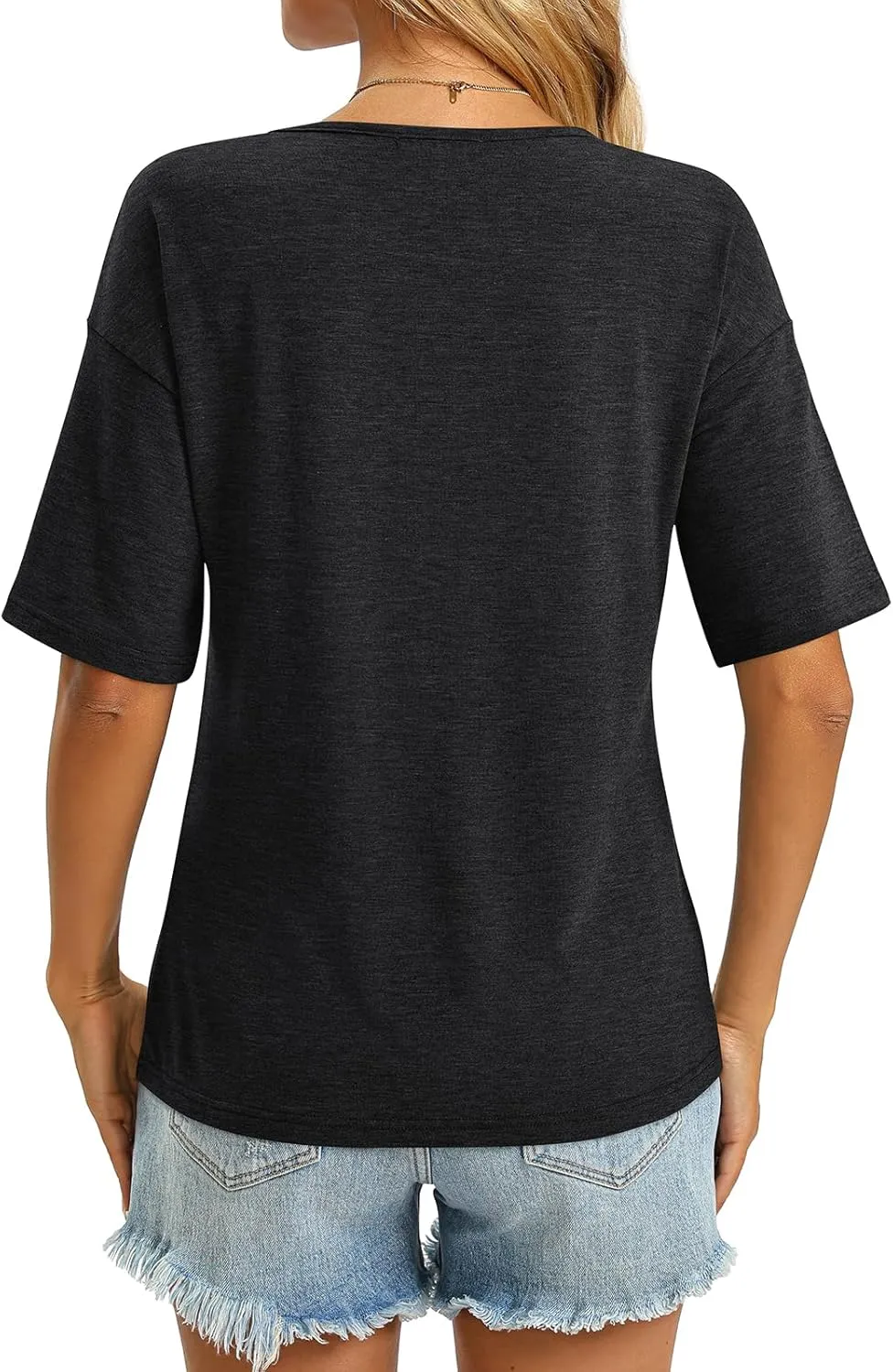 Women's V Neck Tops Elbow Length Shirts Loose Fit Summer Tops Basic Tees