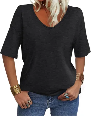 Women's V Neck Tops Elbow Length Shirts Loose Fit Summer Tops Basic Tees