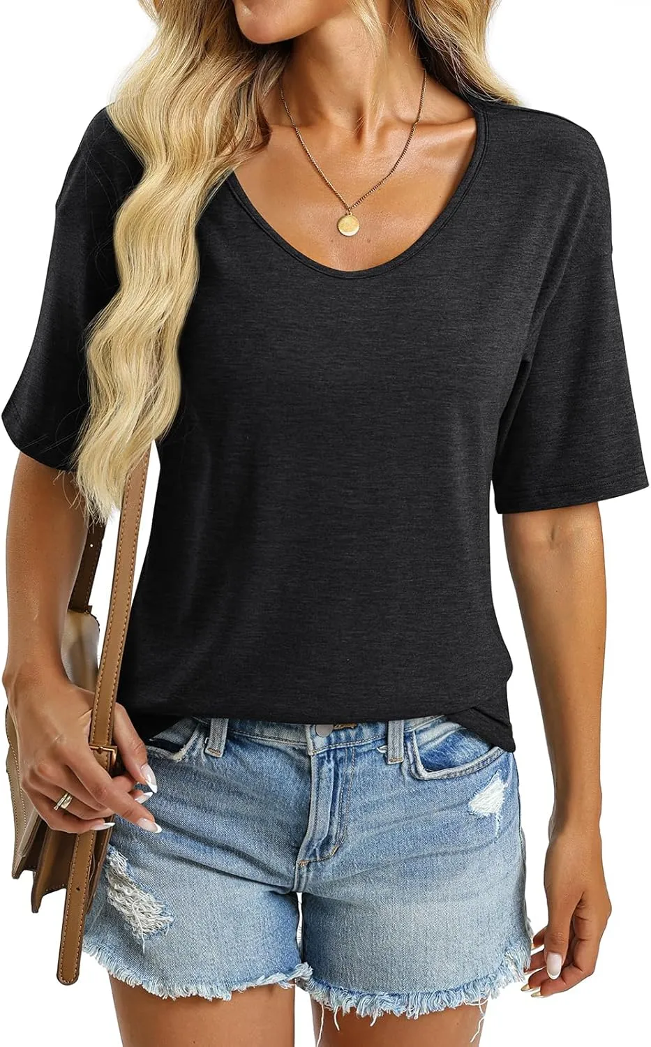 Women's V Neck Tops Elbow Length Shirts Loose Fit Summer Tops Basic Tees