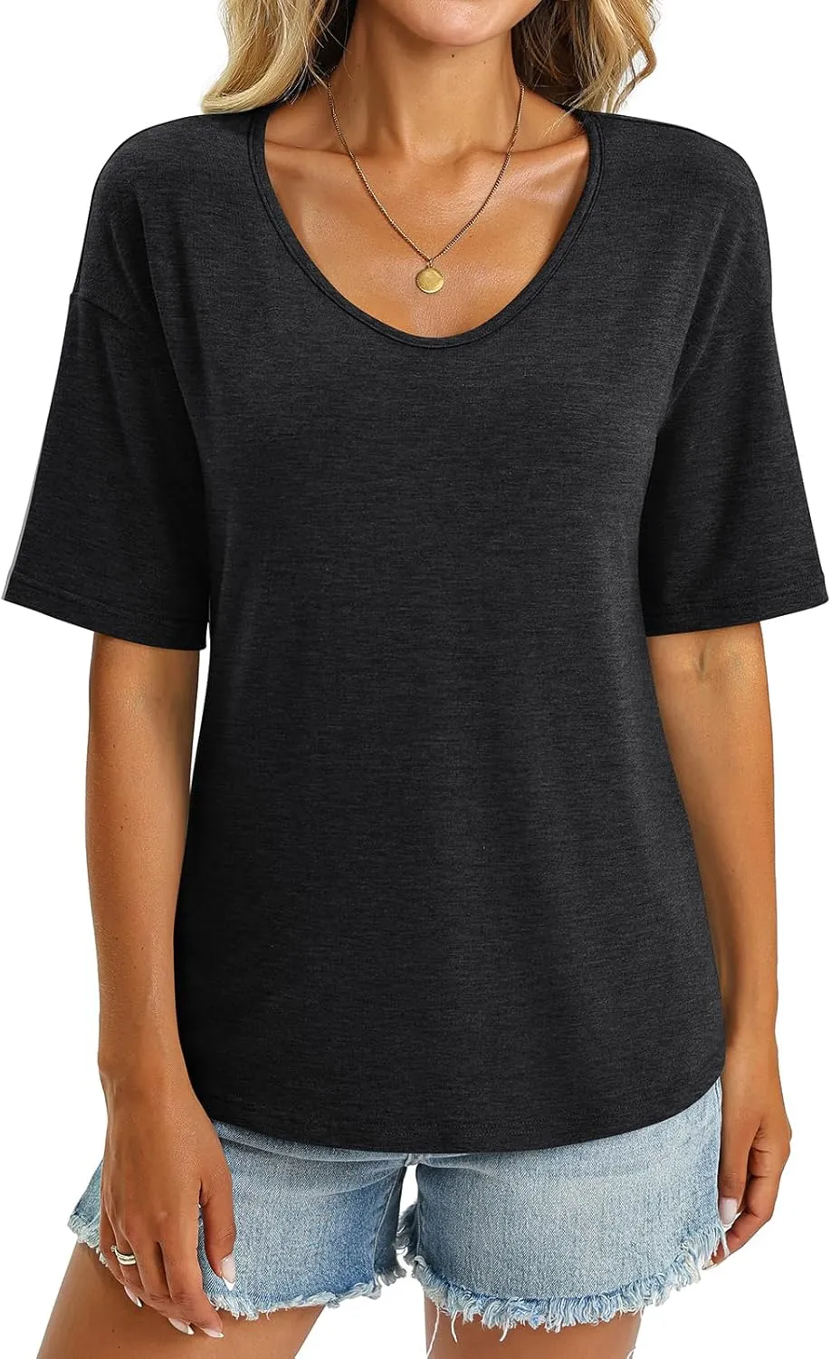 Women's V Neck Tops Elbow Length Shirts Loose Fit Summer Tops Basic Tees