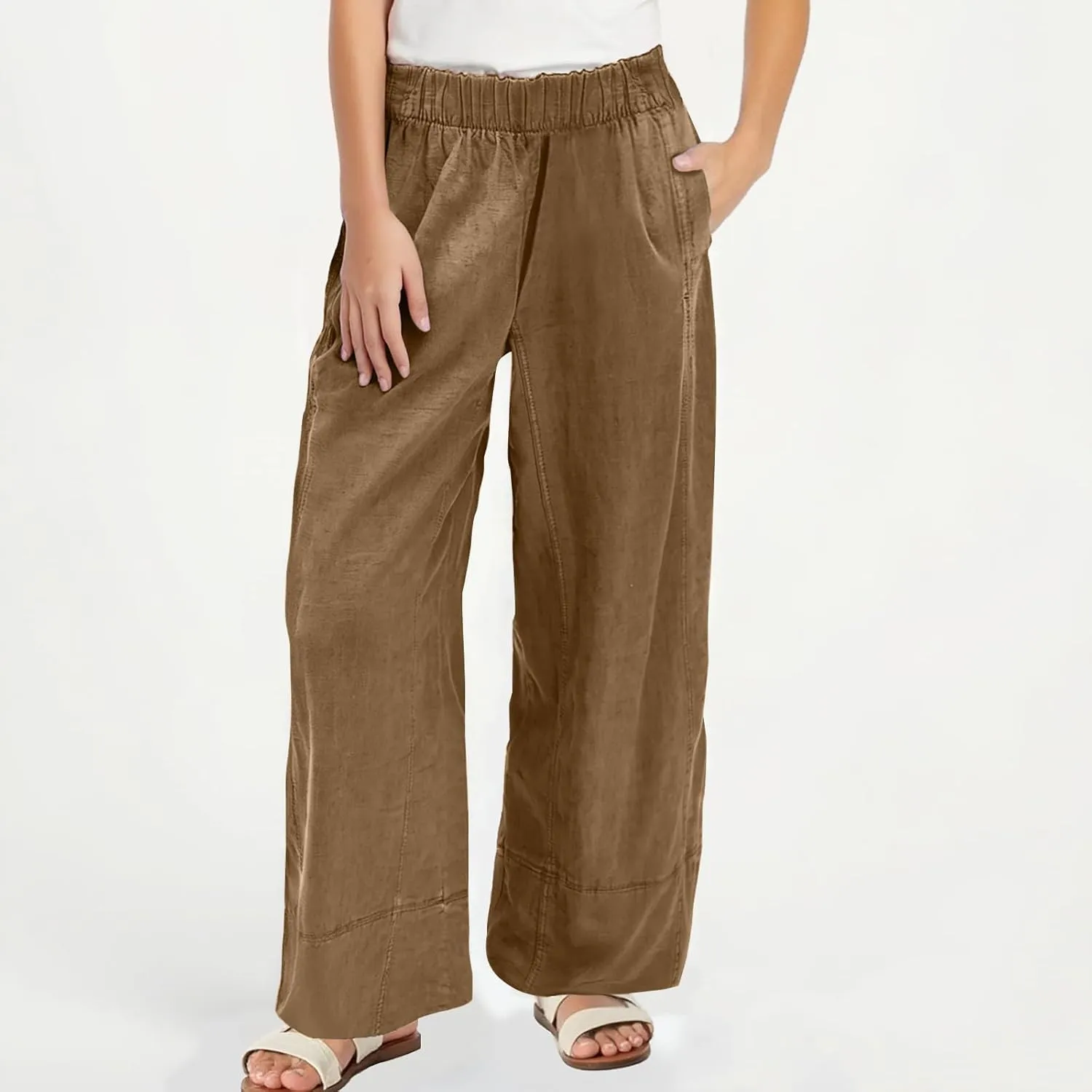 Womens Vintage Baggy Wide Leg Cotton Linen Pants Casual Summer Palazzo Trousers Lounge High Waist Pants with Pockets