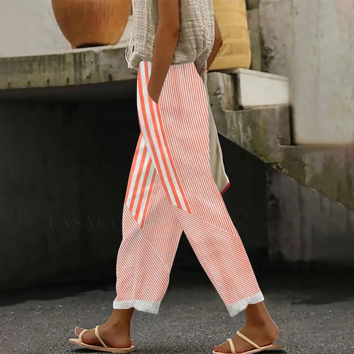 Women's Vintage Stripe Print Pants High Elastic Waist Wide Leg Capri Beach Cropped Palazzo Slacks Clothes with Pockets