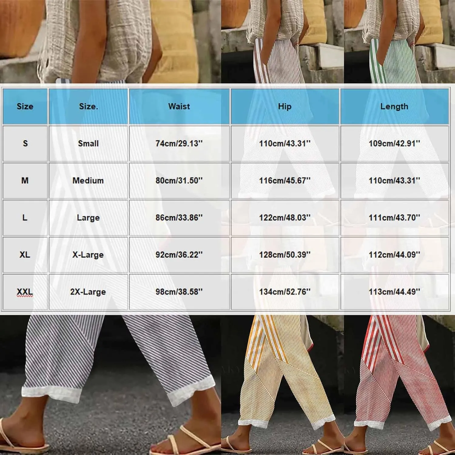 Women's Vintage Stripe Print Pants High Elastic Waist Wide Leg Capri Beach Cropped Palazzo Slacks Clothes with Pockets