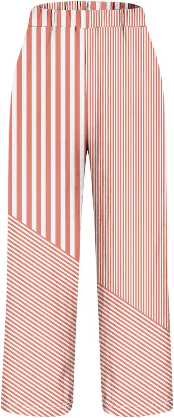 Women's Vintage Stripe Print Pants High Elastic Waist Wide Leg Capri Beach Cropped Palazzo Slacks Clothes with Pockets