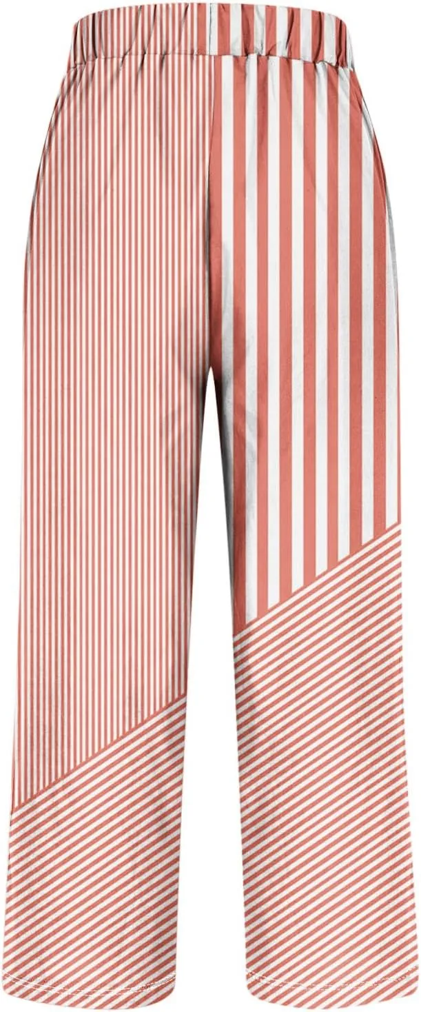 Women's Vintage Stripe Print Pants High Elastic Waist Wide Leg Capri Beach Cropped Palazzo Slacks Clothes with Pockets
