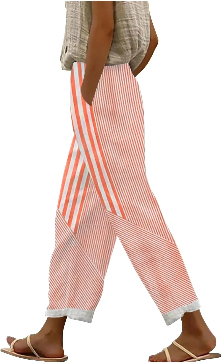 Women's Vintage Stripe Print Pants High Elastic Waist Wide Leg Capri Beach Cropped Palazzo Slacks Clothes with Pockets