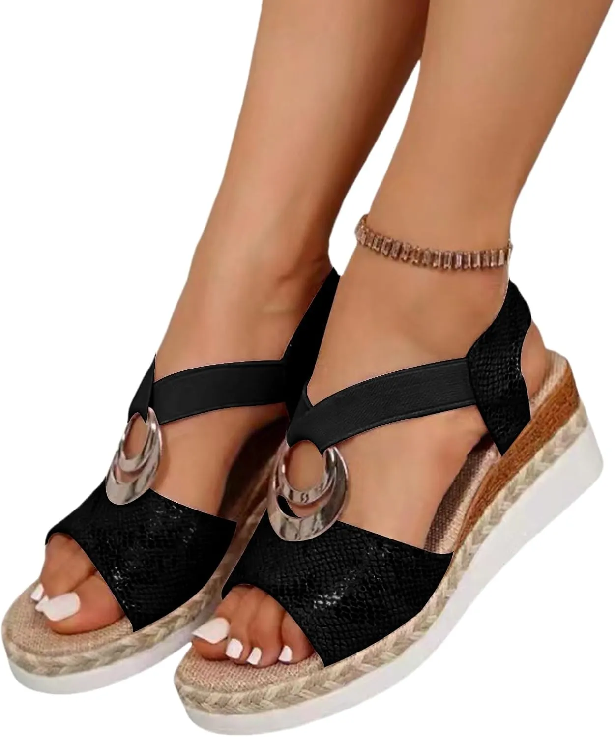 Women's Wedge Platform Sandals Comfortable Orthopedic Open Toe Sandals Casual Mid-Heeled Sandals Metal Decoration Snake Pattern Thick-Soled Shoes Ankle Strap Sandals