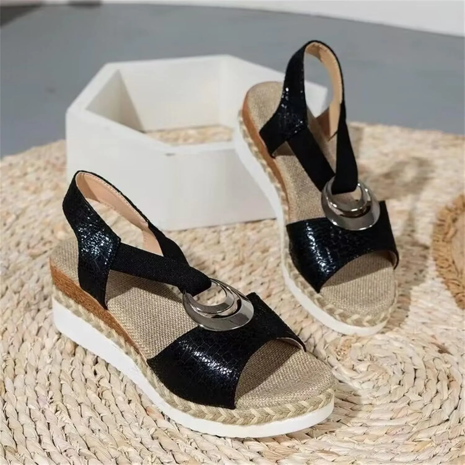 Women's Wedge Platform Sandals Comfortable Orthopedic Open Toe Sandals Casual Mid-Heeled Sandals Metal Decoration Snake Pattern Thick-Soled Shoes Ankle Strap Sandals
