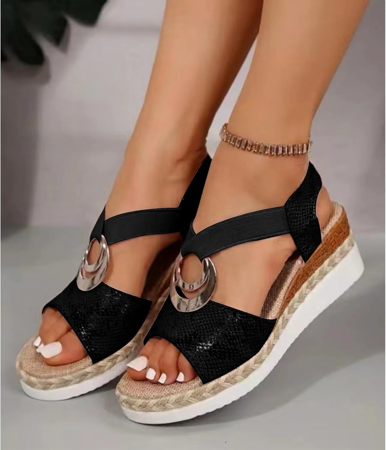 Women's Wedge Platform Sandals Comfortable Orthopedic Open Toe Sandals Casual Mid-Heeled Sandals Metal Decoration Snake Pattern Thick-Soled Shoes Ankle Strap Sandals