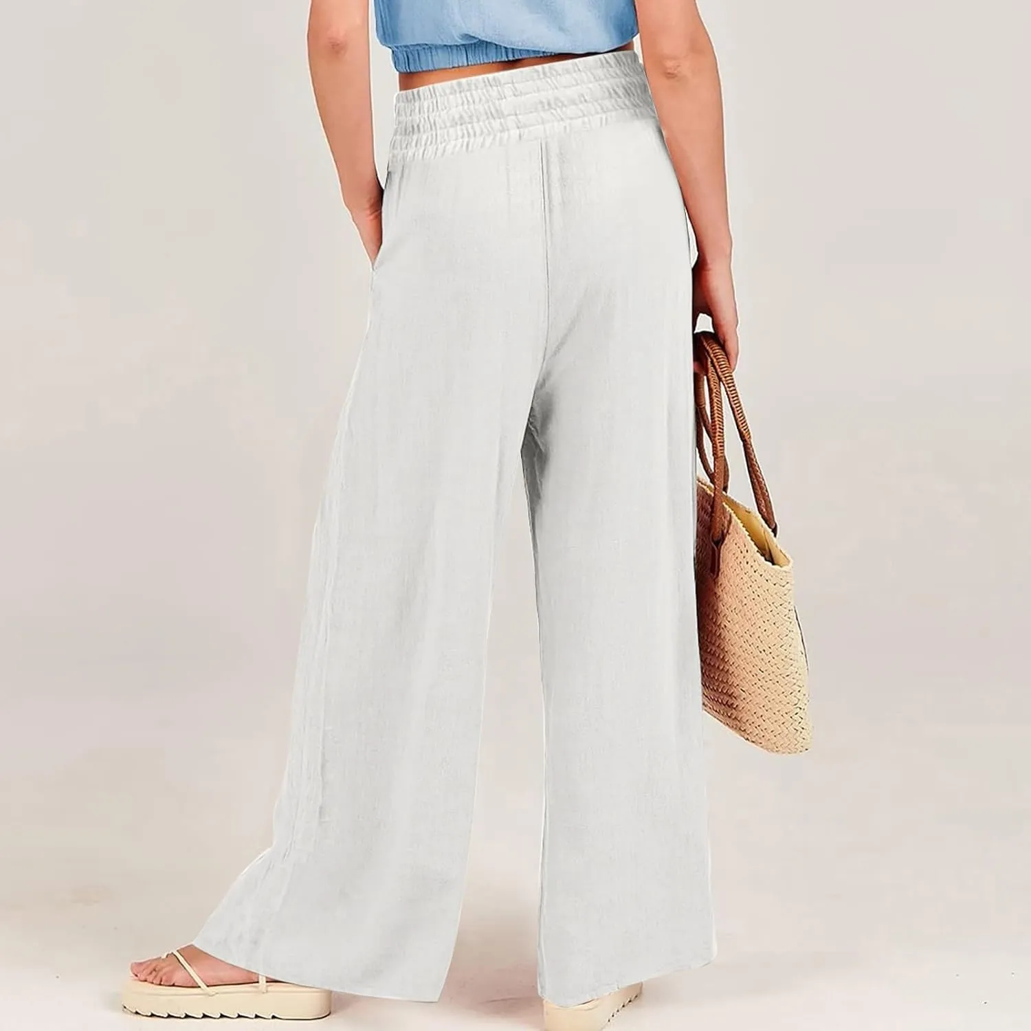 Women's Wide Leg Casual Pants with Pockets Wide Leg Lounge Palazzo Trousers Cotton Linen Summer Palazzo