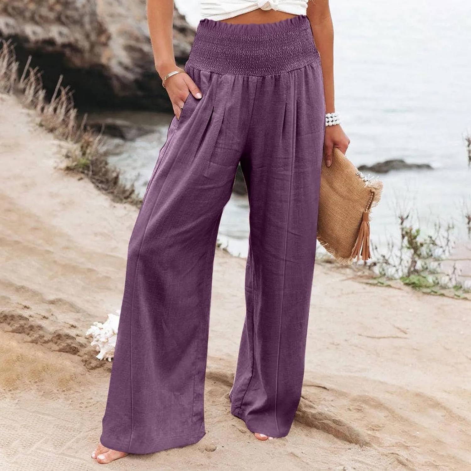 Women's Wide Leg Casual Pants with Pockets Wide Leg Lounge Palazzo Trousers Cotton Linen Summer Palazzo