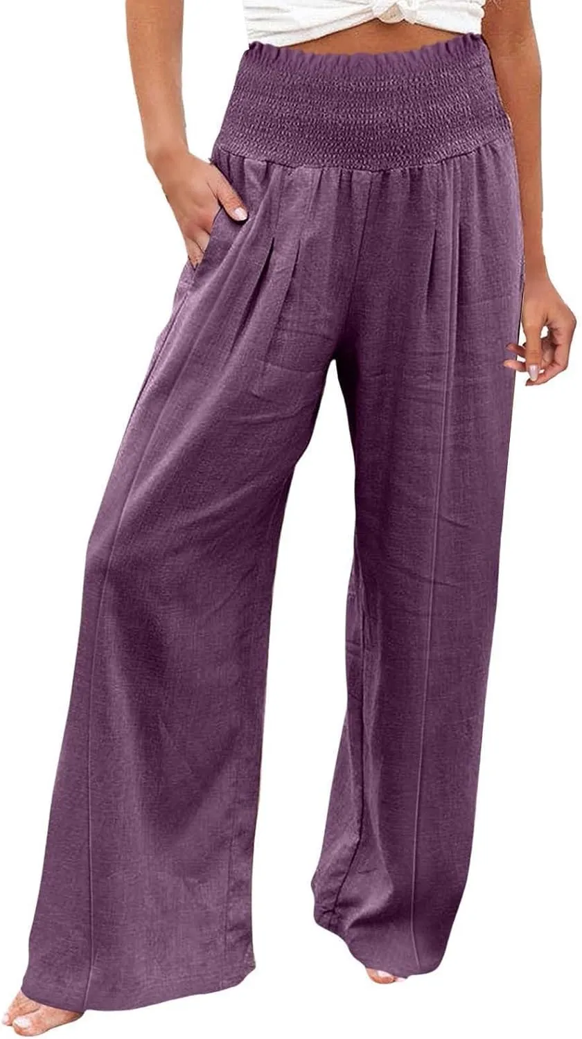 Women's Wide Leg Casual Pants with Pockets Wide Leg Lounge Palazzo Trousers Cotton Linen Summer Palazzo