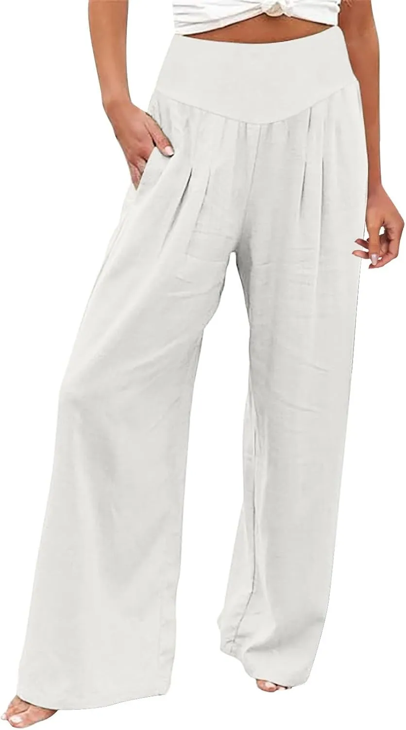 Women's Wide Leg Casual Pants with Pockets Wide Leg Lounge Palazzo Trousers Cotton Linen Summer Palazzo