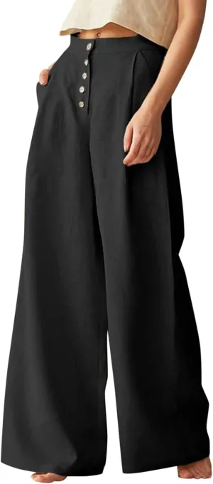 Women's Wide Leg Palazzo Trousers Solid Color High Waist Casual Pants Cotton Linen Generous Office Pants with