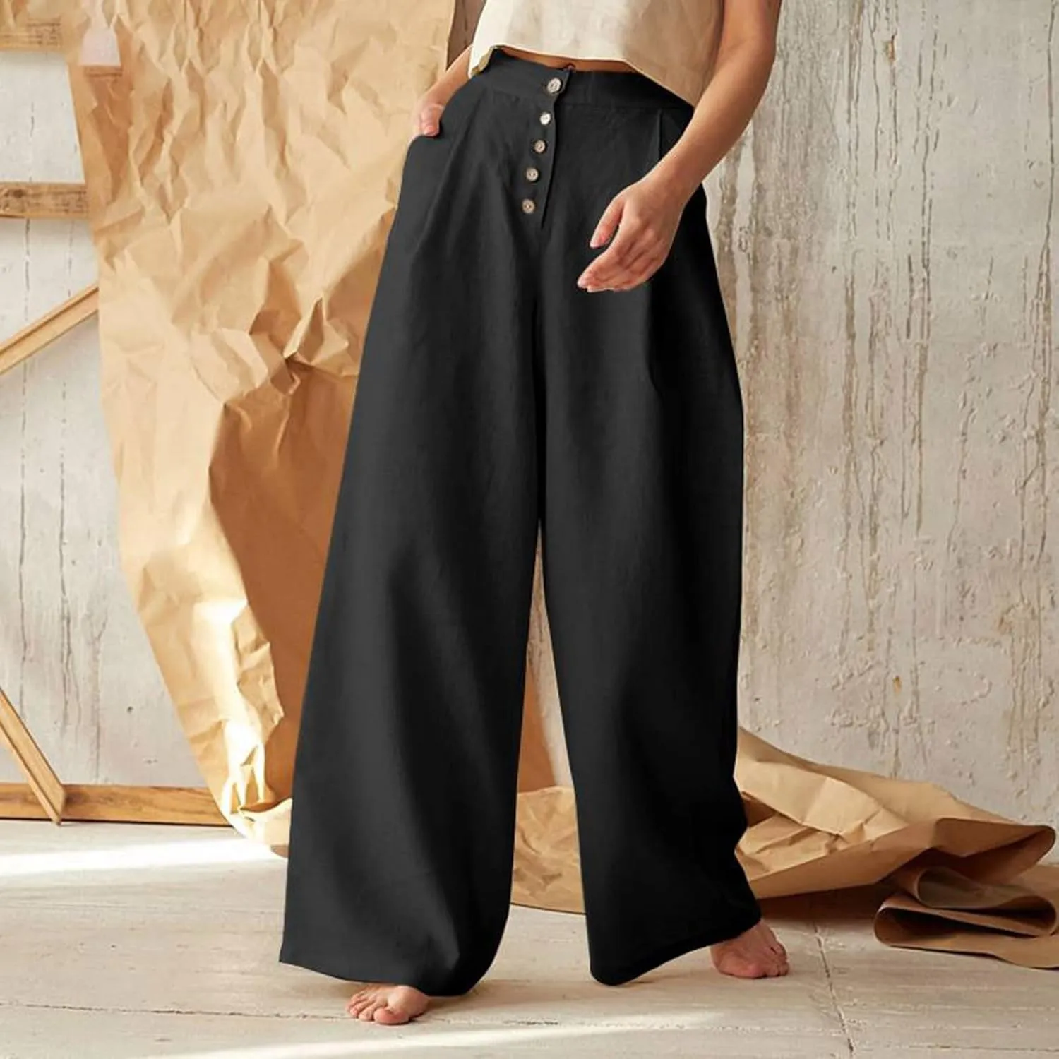 Women's Wide Leg Palazzo Trousers Solid Color High Waist Casual Pants Cotton Linen Generous Office Pants with