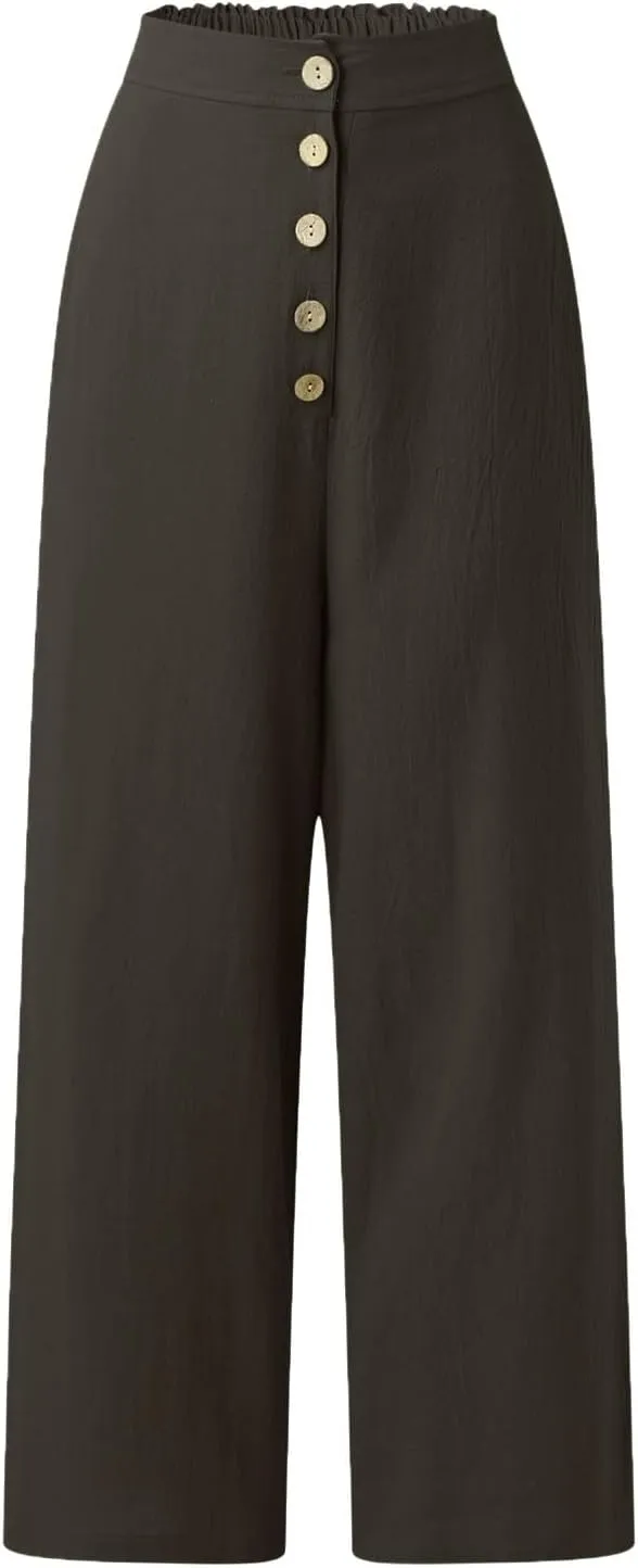 Women's Wide Leg Palazzo Trousers Solid Color High Waist Casual Pants Cotton Linen Generous Office Pants with