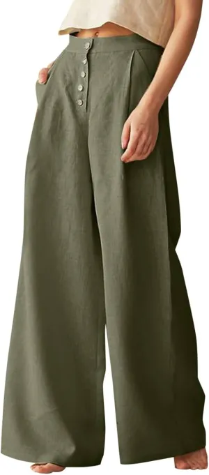 Women's Wide Leg Palazzo Trousers Solid Color High Waist Casual Pants Cotton Linen Generous Office Pants with