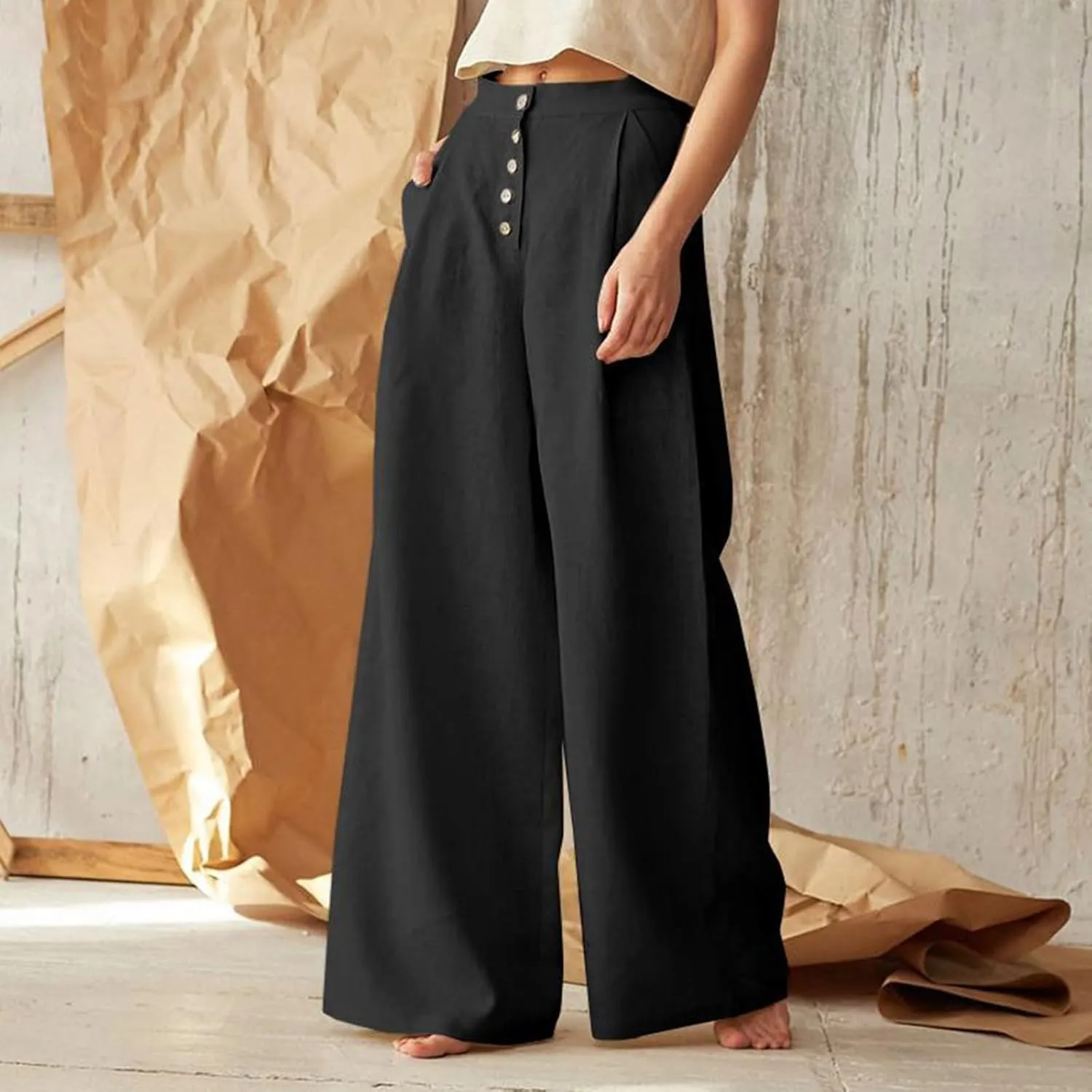 Women's Wide Leg Palazzo Trousers Solid Color High Waist Casual Pants Cotton Linen Generous Office Pants with