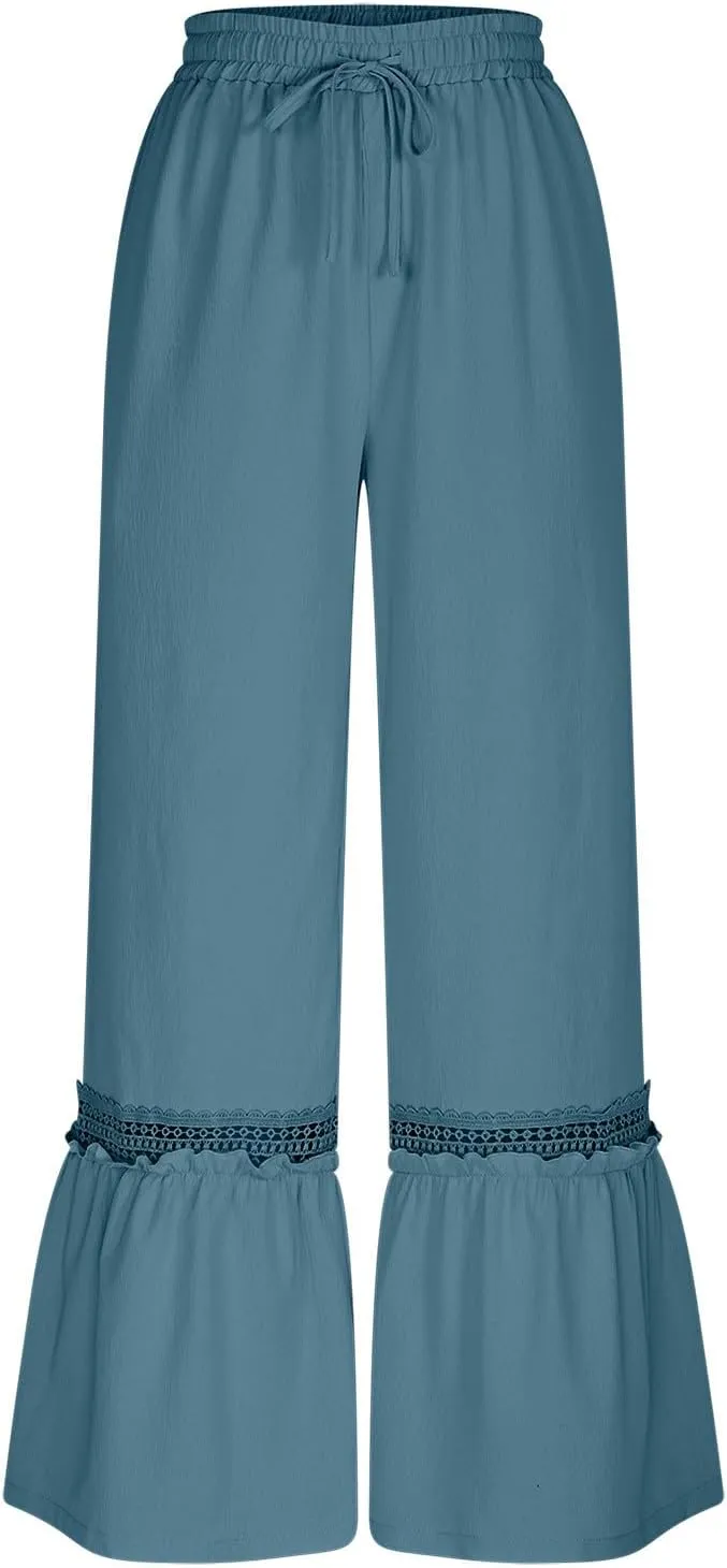 Women's Wide Leg Pants Drawstring Elastic Waist Lace Patchwork Ruffle Hem Flowy Palazzo Flared Trousers with Pockets