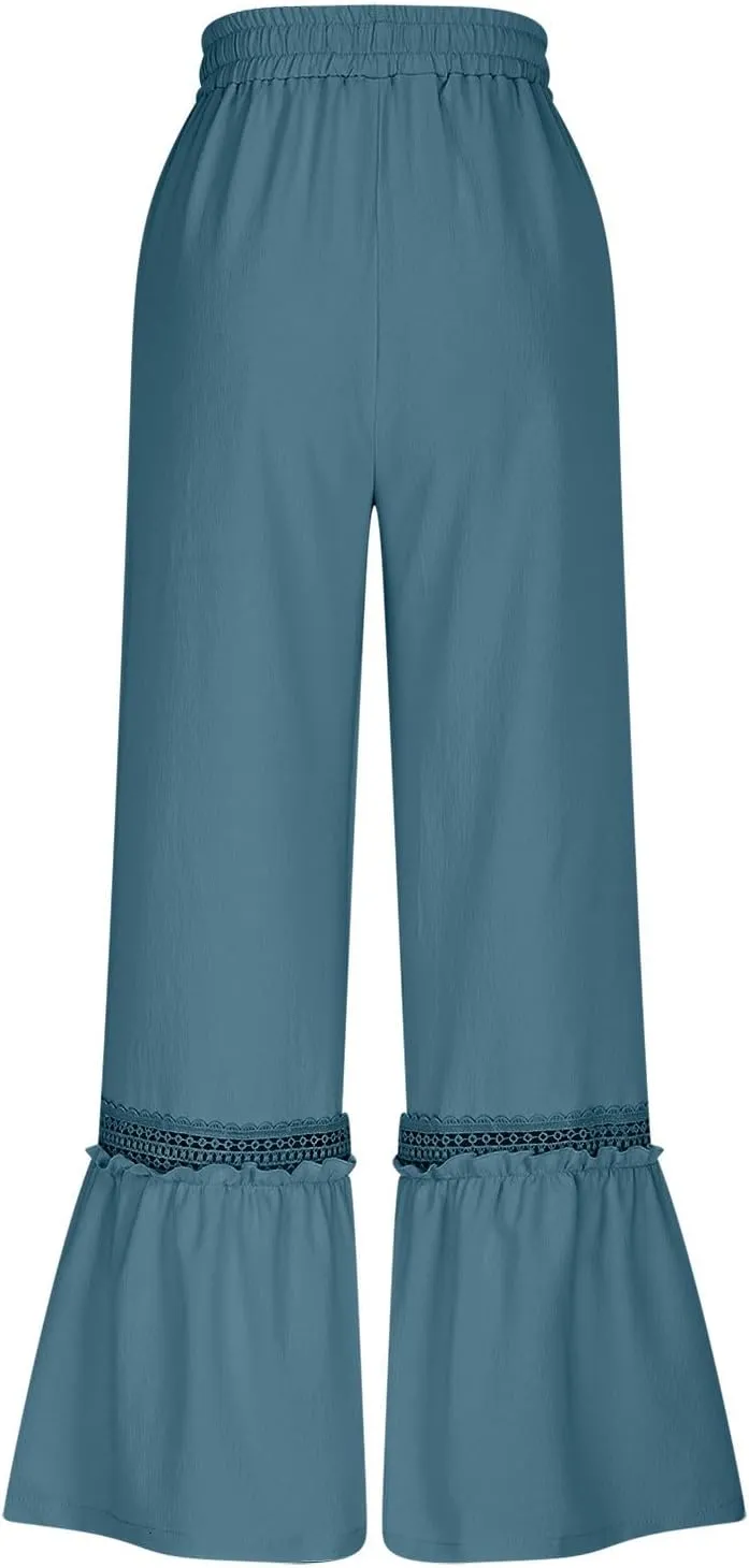 Women's Wide Leg Pants Drawstring Elastic Waist Lace Patchwork Ruffle Hem Flowy Palazzo Flared Trousers with Pockets