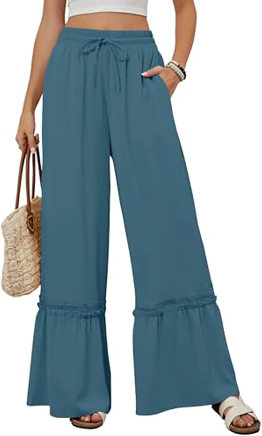 Women's Wide Leg Pants Drawstring Elastic Waist Lace Patchwork Ruffle Hem Flowy Palazzo Flared Trousers with Pockets