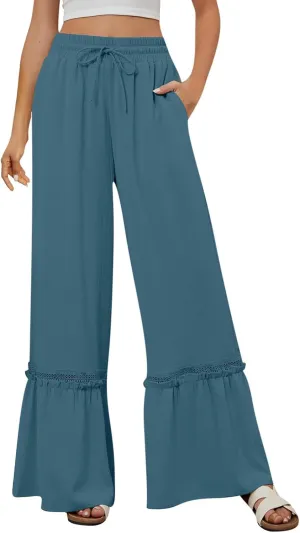 Women's Wide Leg Pants Drawstring Elastic Waist Lace Patchwork Ruffle Hem Flowy Palazzo Flared Trousers with Pockets
