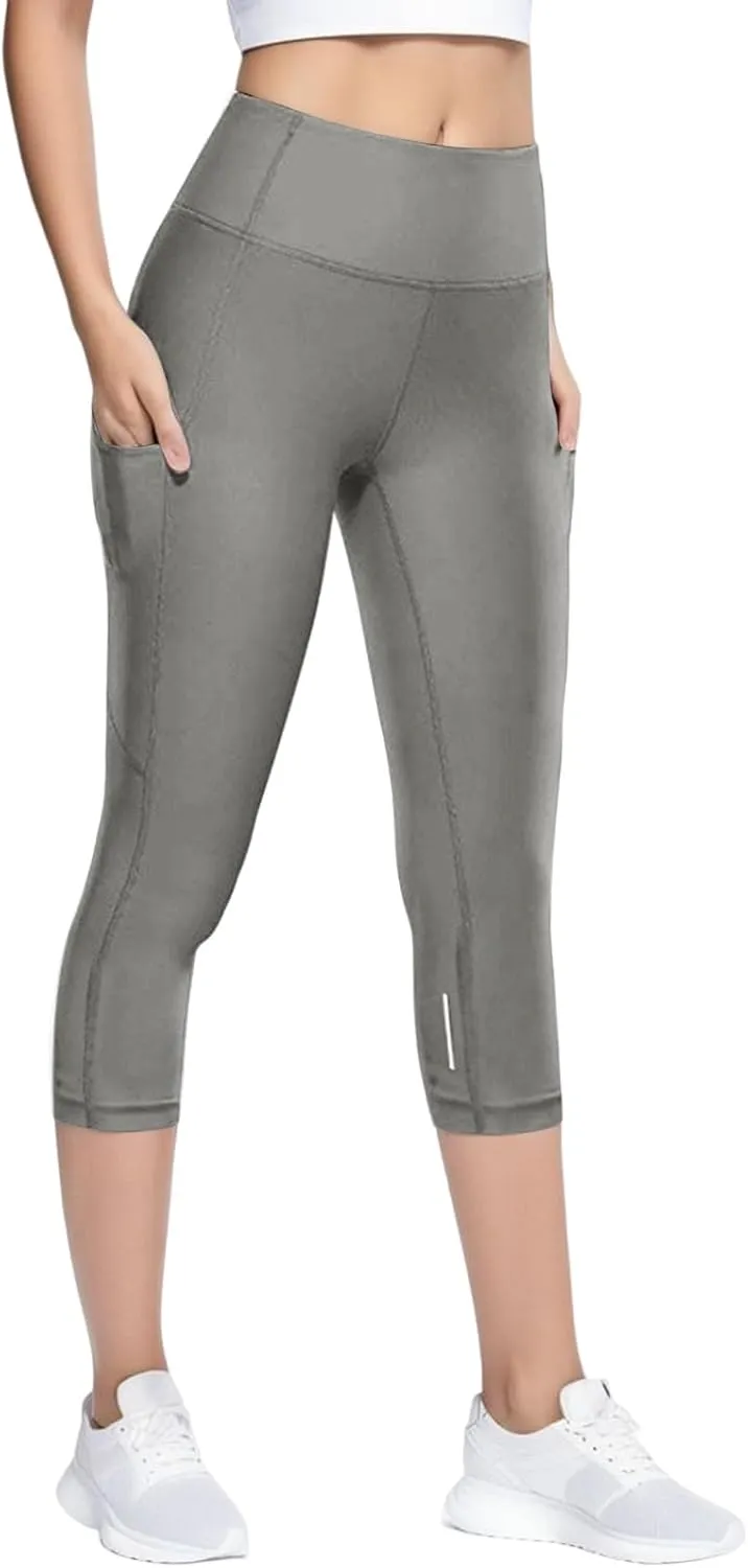 Women's Yoga Capris Pants High Waist Athletic Exercise Reflective Pant Workout Gym Soft Elastic Leggings with Pockets