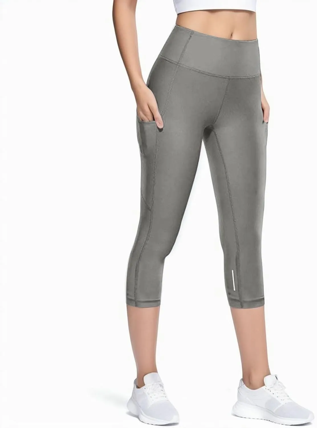 Women's Yoga Capris Pants High Waist Athletic Exercise Reflective Pant Workout Gym Soft Elastic Leggings with Pockets