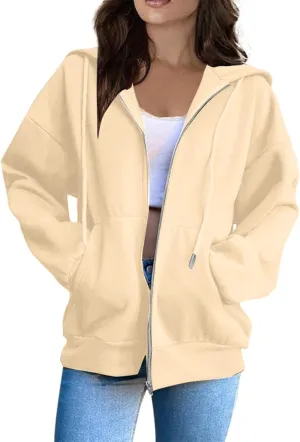 Women's Zip Up Hoodies Casual Fashion Solid Color Long Sleeve Drawstring Pullover Sweatshirt Tops With Pockets