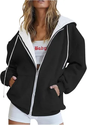 Womens Zip Up Hoodies Casual Oversized Fleece Sweatshirts Long Sleeve Jacket with Pockets 2024 Fall Sweatshirts
