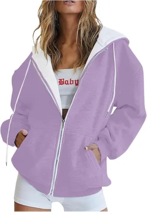 Womens Zip Up Hoodies Casual Oversized Fleece Sweatshirts Long Sleeve Jacket with Pockets 2024 Fall Sweatshirts
