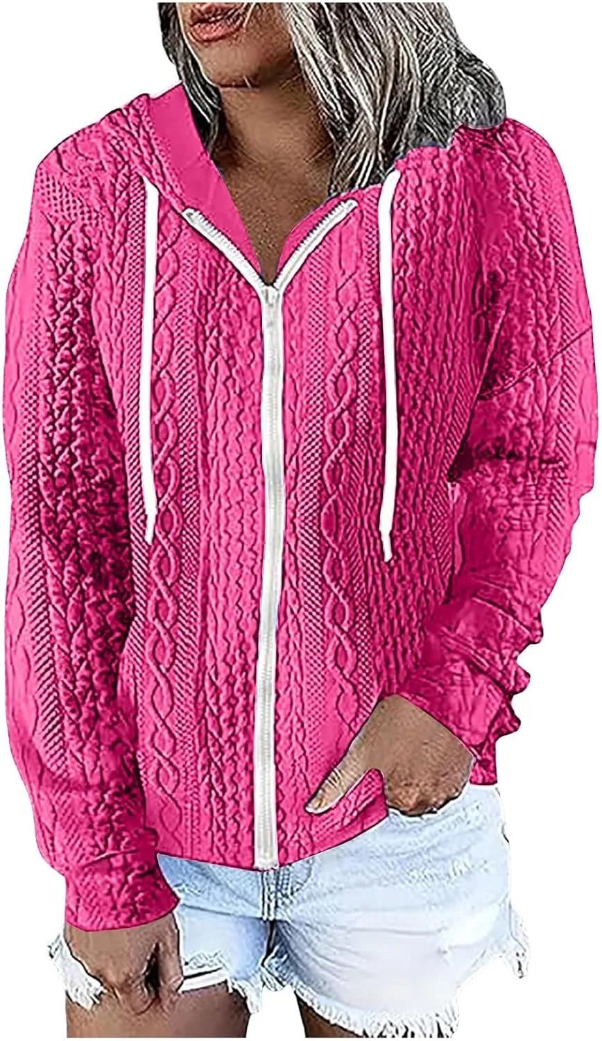 Womens Zip Up Hoodies Plus Size Sweatshirt Long Sleeve Textured Drawstring Zip Jackets Outwear with Pockets