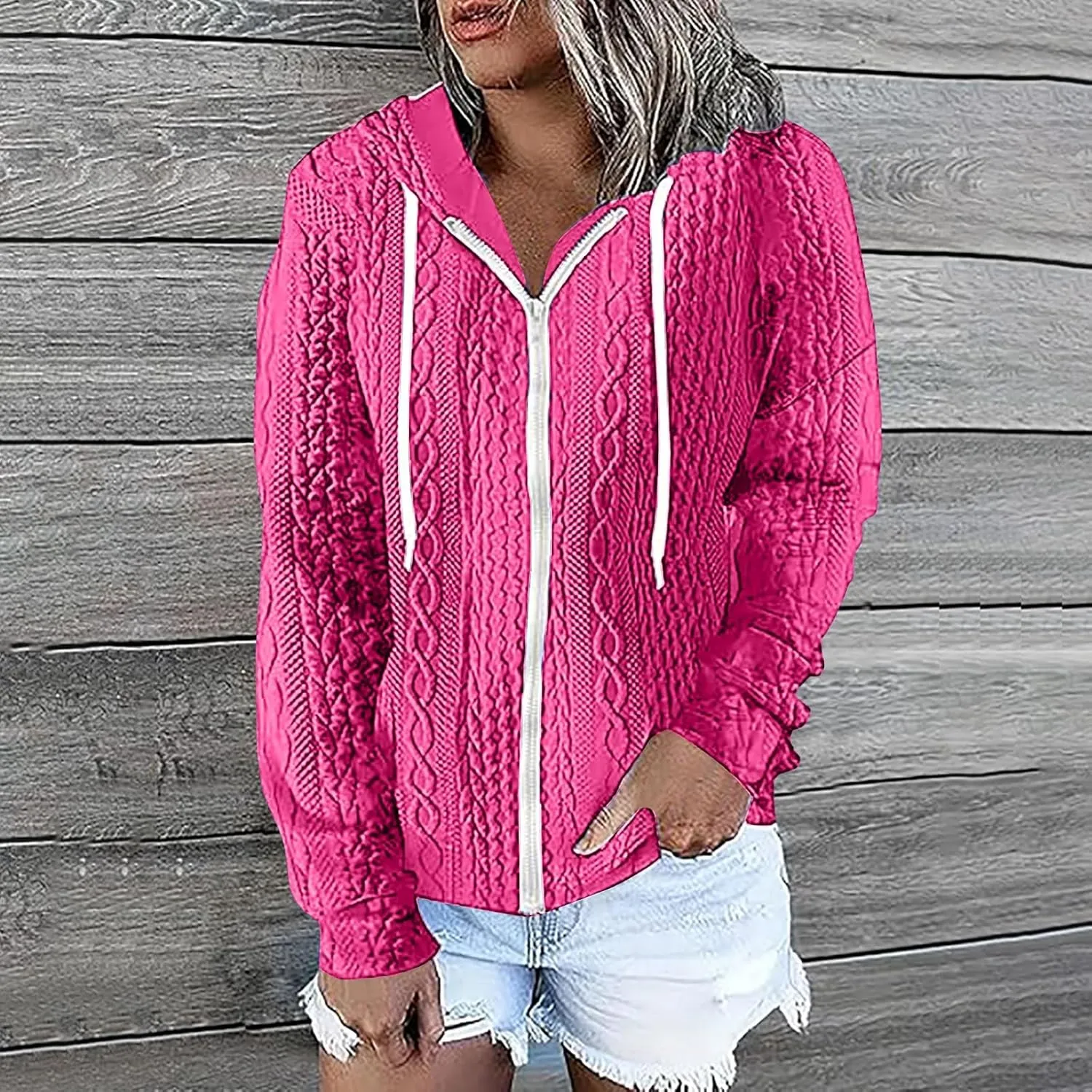 Womens Zip Up Hoodies Plus Size Sweatshirt Long Sleeve Textured Drawstring Zip Jackets Outwear with Pockets