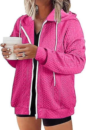 Womens Zip Up Hoodies Plus Size Sweatshirt Long Sleeve Textured Drawstring Zip Jackets Outwear with Pockets