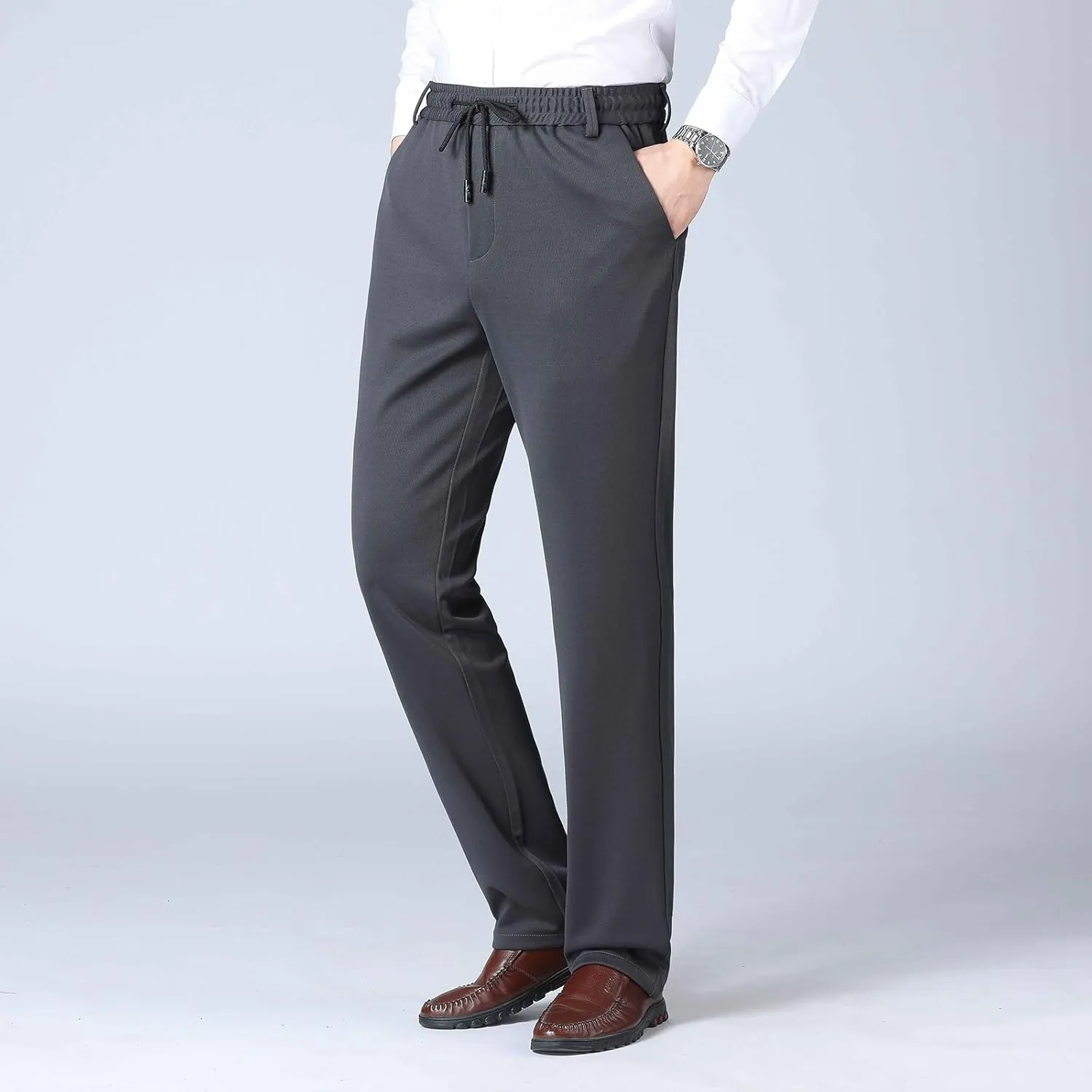 Work Pants for Men Classic Fit Flat Front Pants Lightweight Elastic Waist Golf Trousers with Pockets 2024