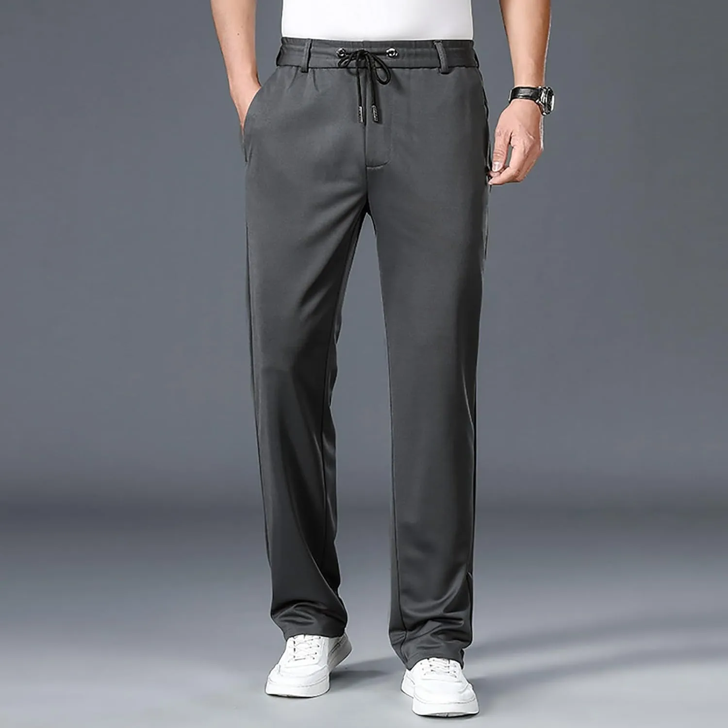 Work Pants for Men Classic Fit Flat Front Pants Lightweight Elastic Waist Golf Trousers with Pockets 2024