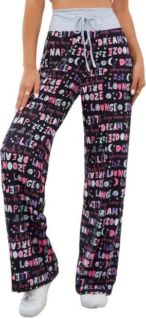 X-Image Women's Comfy Pajamas Drawstring Stretch Floral Print Long Wide Leg Lounge Pants