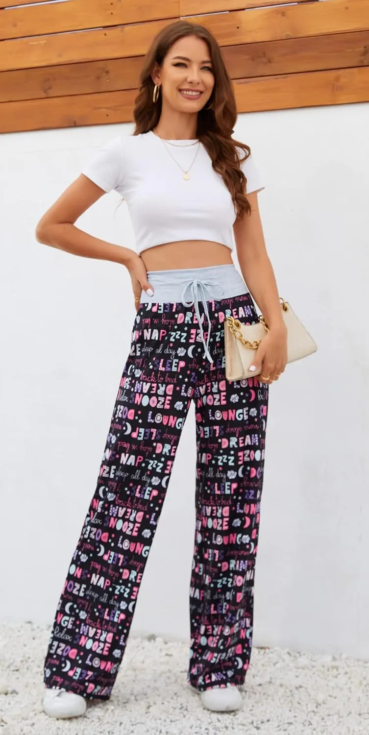 X-Image Women's Comfy Pajamas Drawstring Stretch Floral Print Long Wide Leg Lounge Pants