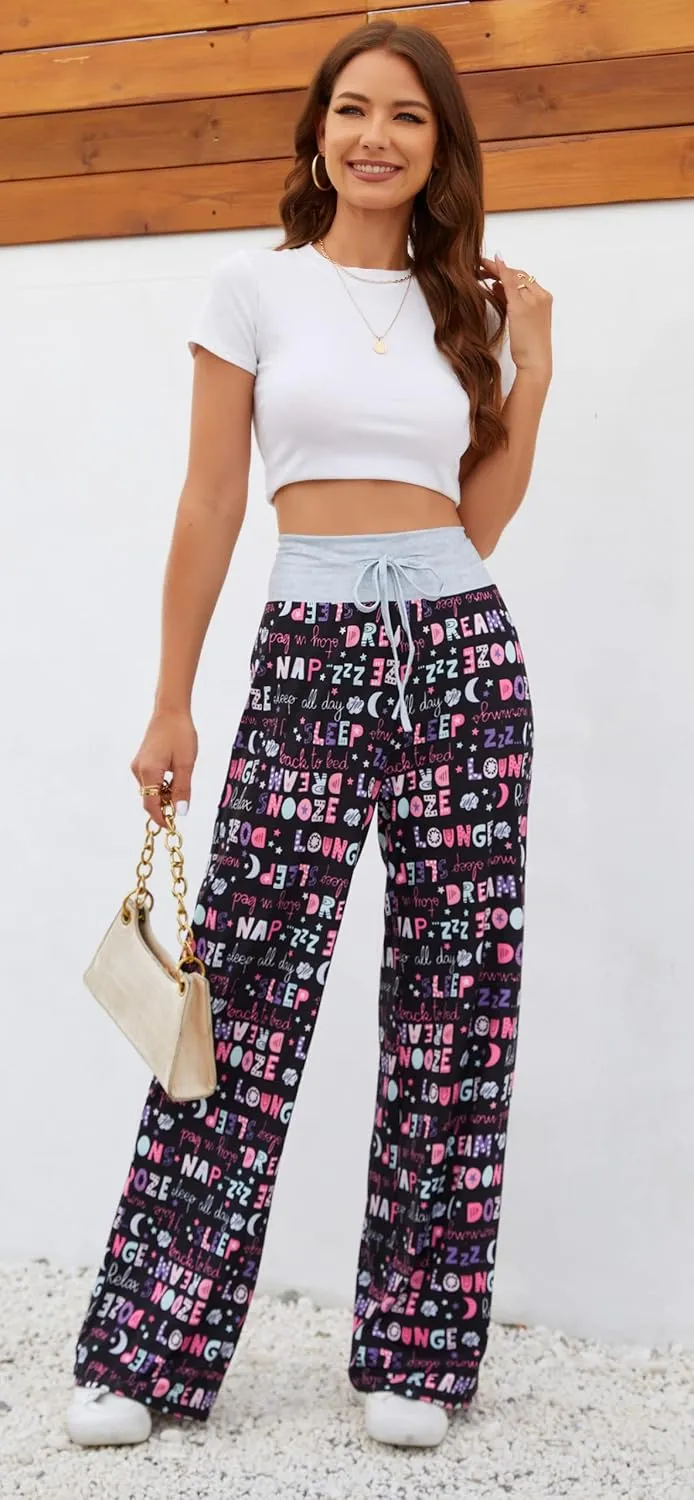 X-Image Women's Comfy Pajamas Drawstring Stretch Floral Print Long Wide Leg Lounge Pants