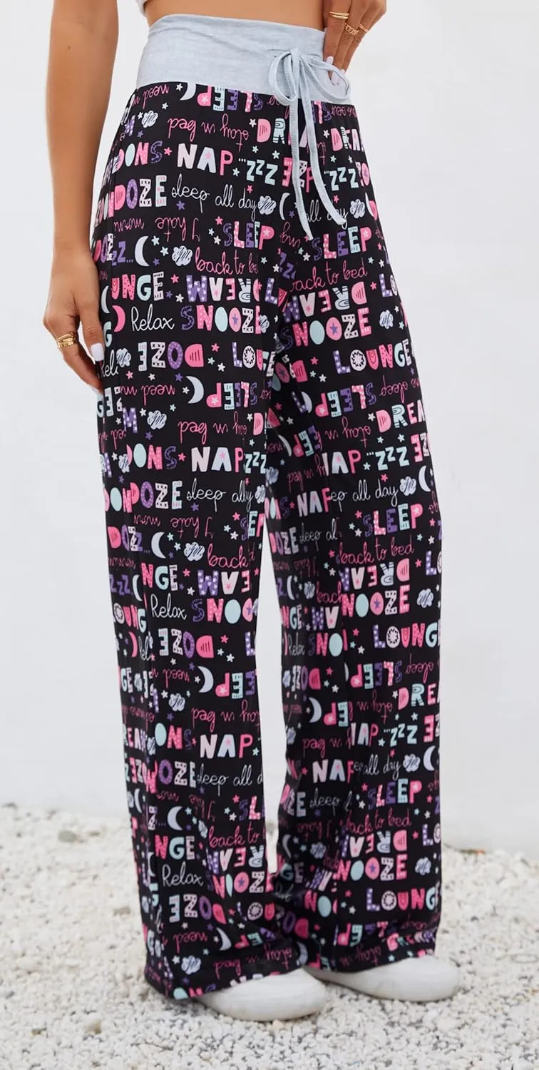 X-Image Women's Comfy Pajamas Drawstring Stretch Floral Print Long Wide Leg Lounge Pants