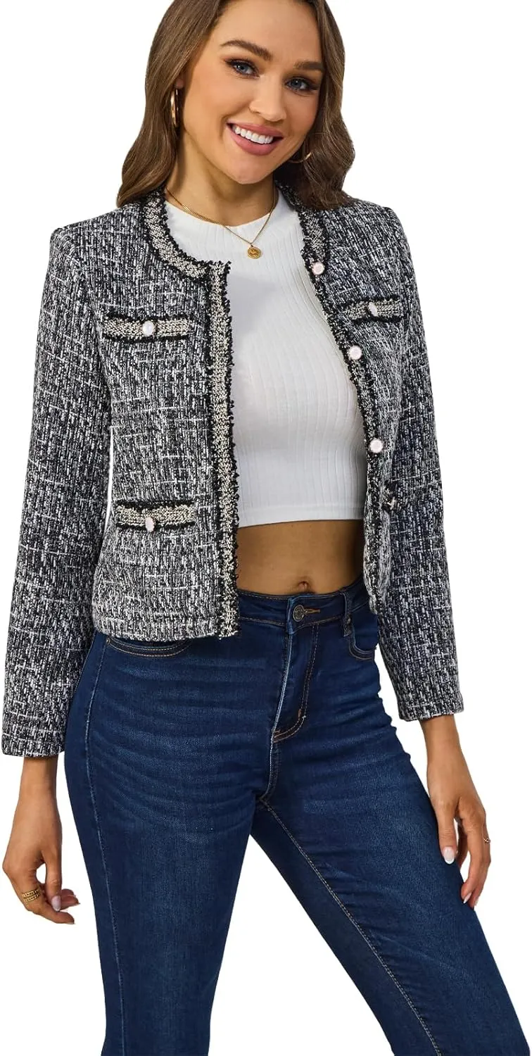 Xaspee Women's Tweed Blazers Cropped Long Sleeve Crewneck Open Front Lace Trim Lightweight Plaid Work Blazer Jackets
