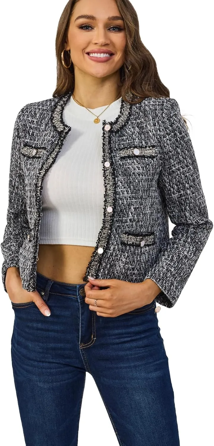 Xaspee Women's Tweed Blazers Cropped Long Sleeve Crewneck Open Front Lace Trim Lightweight Plaid Work Blazer Jackets