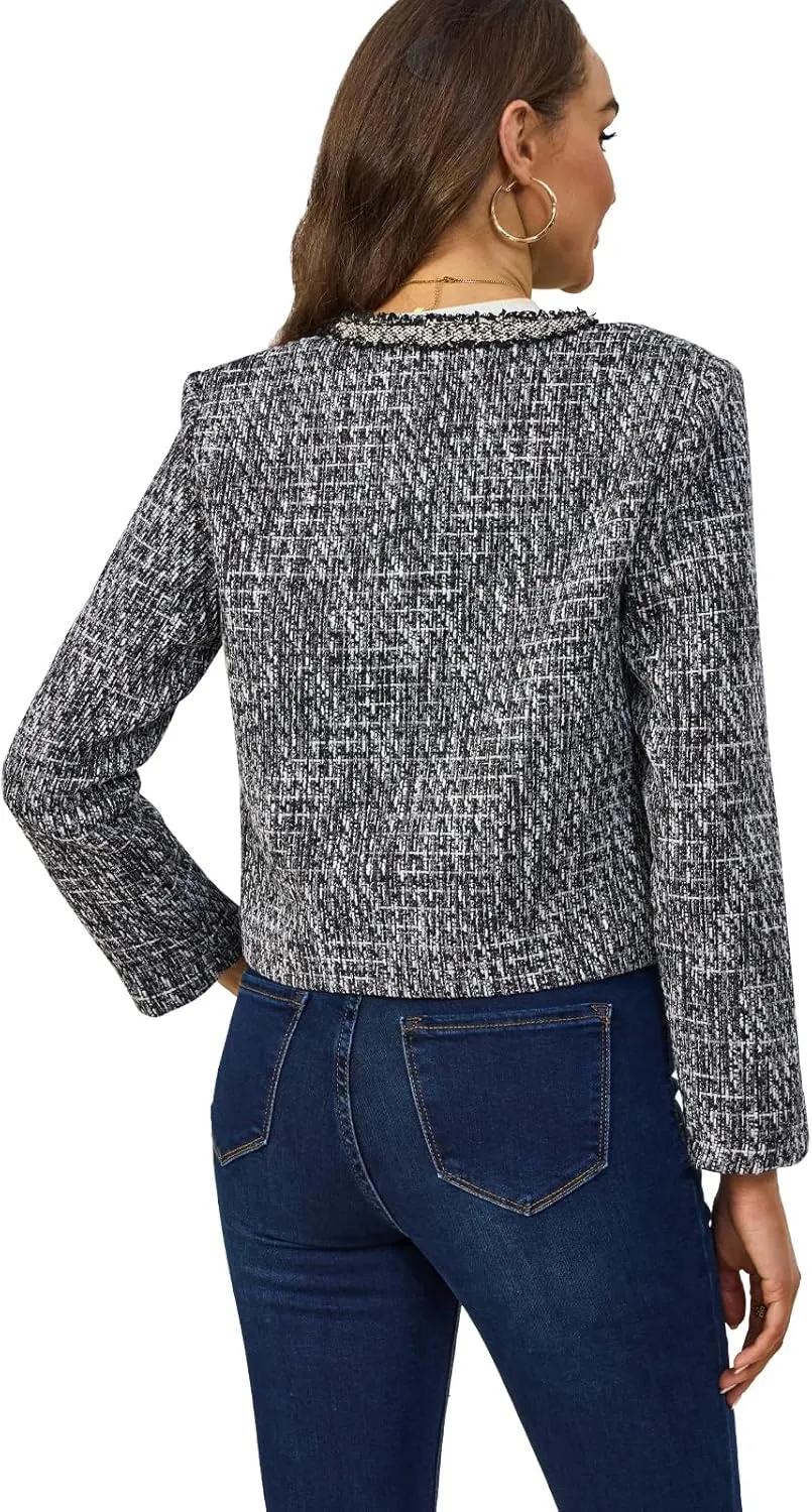Xaspee Women's Tweed Blazers Cropped Long Sleeve Crewneck Open Front Lace Trim Lightweight Plaid Work Blazer Jackets