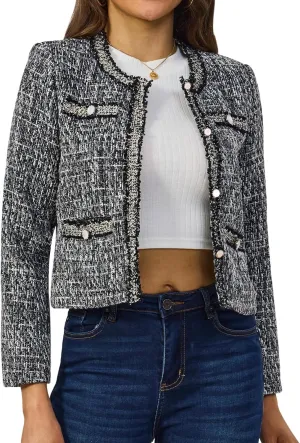 Xaspee Women's Tweed Blazers Cropped Long Sleeve Crewneck Open Front Lace Trim Lightweight Plaid Work Blazer Jackets