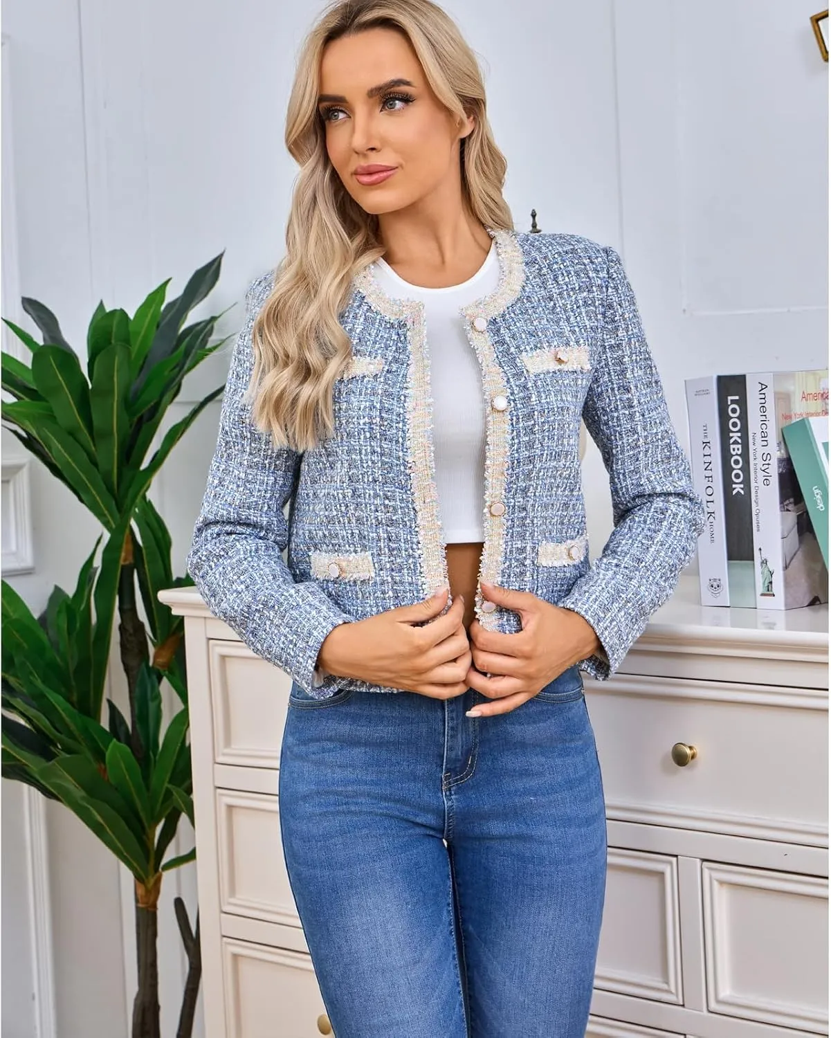 Xaspee Women's Tweed Blazers Cropped Long Sleeve Crewneck Open Front Lace Trim Lightweight Plaid Work Blazer Jackets