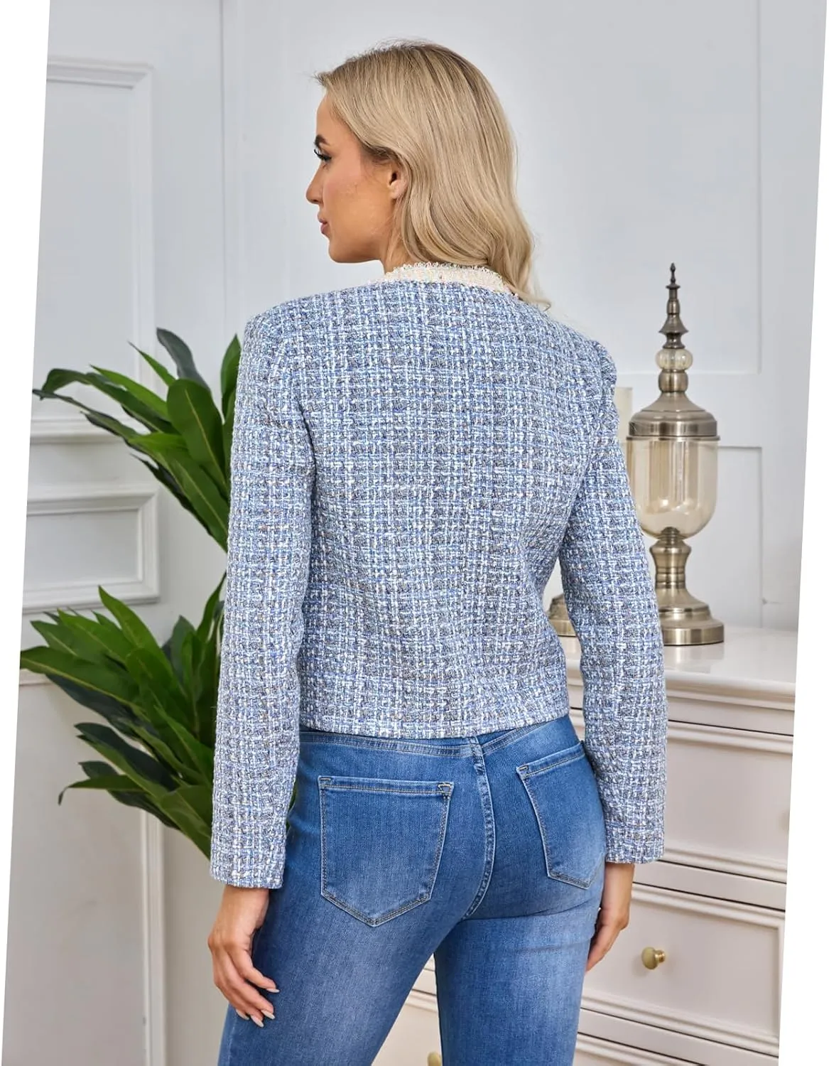 Xaspee Women's Tweed Blazers Cropped Long Sleeve Crewneck Open Front Lace Trim Lightweight Plaid Work Blazer Jackets
